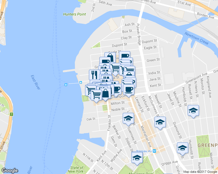 map of restaurants, bars, coffee shops, grocery stores, and more near 170 Franklin Street in Brooklyn