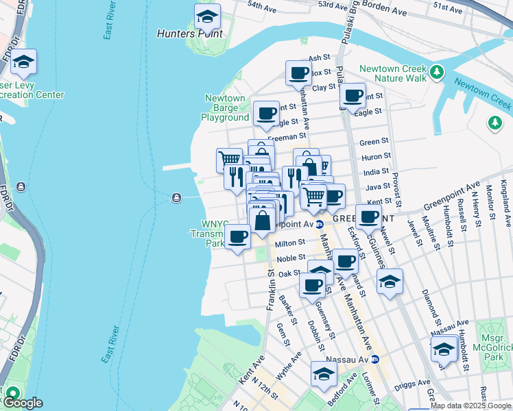 map of restaurants, bars, coffee shops, grocery stores, and more near 170 Franklin Street in Brooklyn