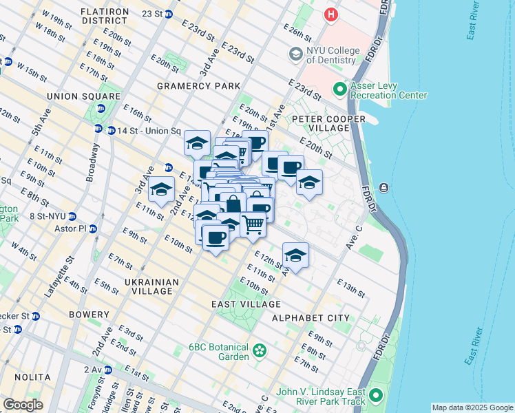map of restaurants, bars, coffee shops, grocery stores, and more near 419 East 14th Street in New York