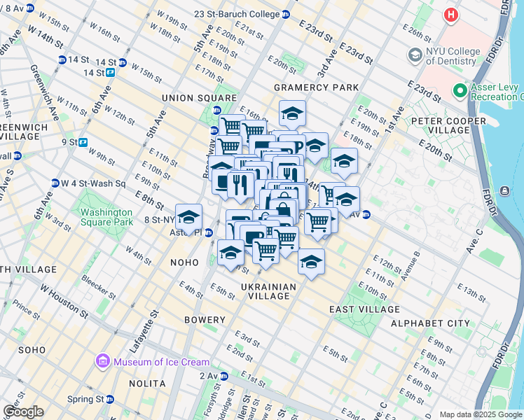 map of restaurants, bars, coffee shops, grocery stores, and more near 225 East 11th Street in New York