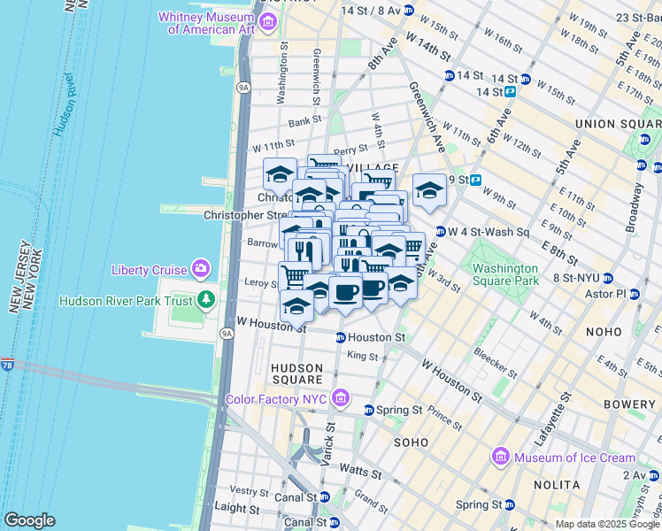 map of restaurants, bars, coffee shops, grocery stores, and more near 51 Morton Street in New York
