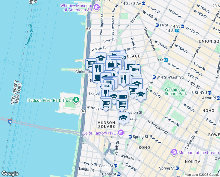 map of restaurants, bars, coffee shops, grocery stores, and more near 69 Morton Street in New York