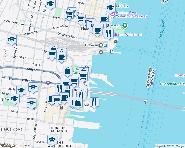 map of restaurants, bars, coffee shops, grocery stores, and more near 45 Park Lane South in Jersey City