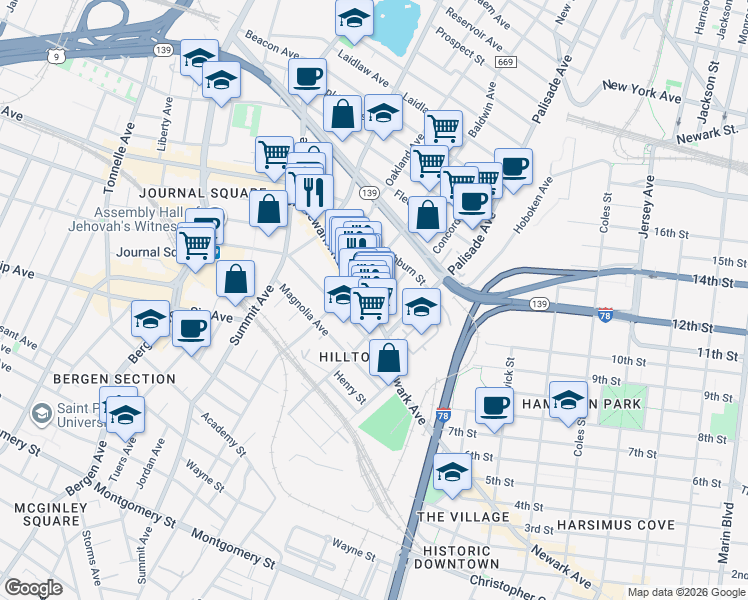 map of restaurants, bars, coffee shops, grocery stores, and more near in Jersey City