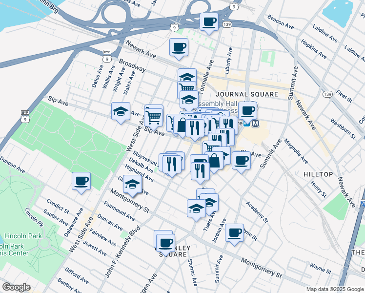 map of restaurants, bars, coffee shops, grocery stores, and more near 2779 John F. Kennedy Boulevard in North Bergen