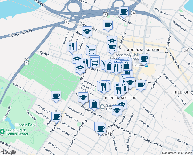 map of restaurants, bars, coffee shops, grocery stores, and more near 21 Van Wagenen Avenue in Jersey City