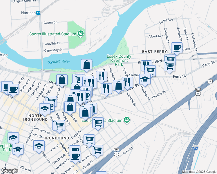map of restaurants, bars, coffee shops, grocery stores, and more near 63 Freeman Street in Newark