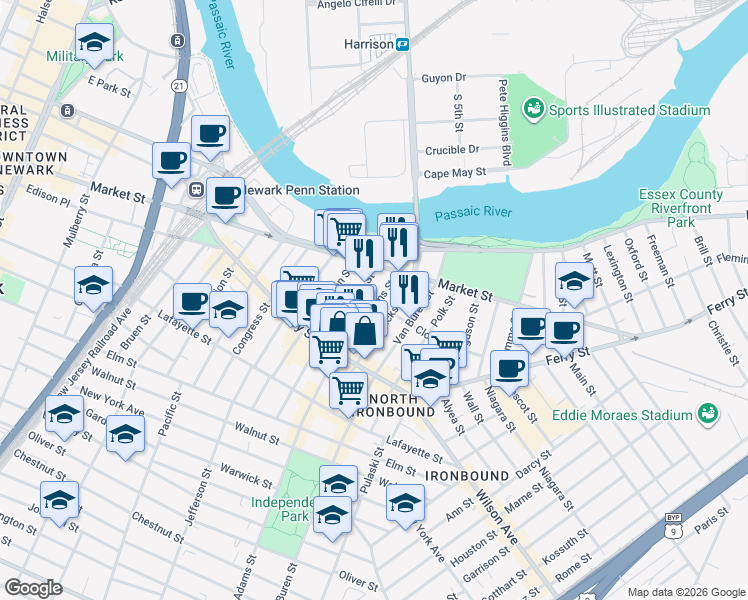 map of restaurants, bars, coffee shops, grocery stores, and more near 35 Adams Street in Newark