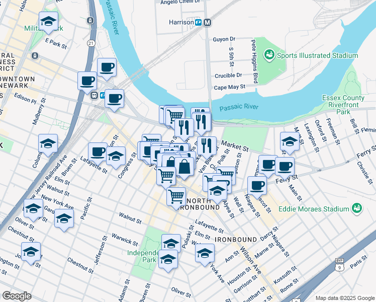 map of restaurants, bars, coffee shops, grocery stores, and more near 35 Adams Street in Newark