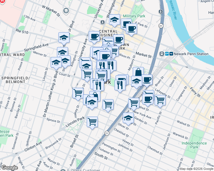 map of restaurants, bars, coffee shops, grocery stores, and more near in Newark