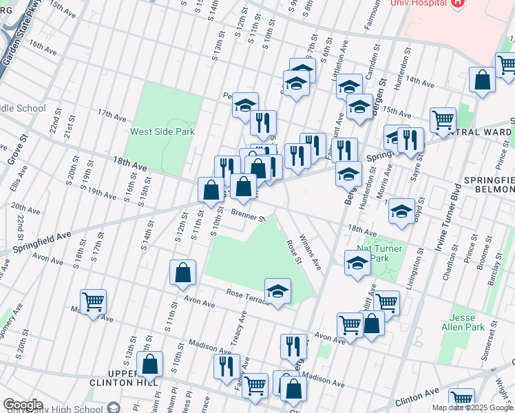 map of restaurants, bars, coffee shops, grocery stores, and more near 10 Kent Street in Newark
