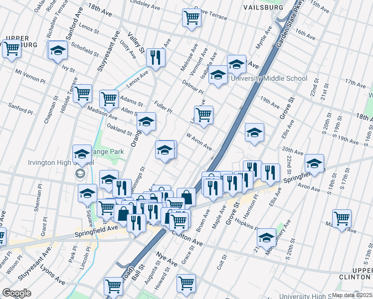 map of restaurants, bars, coffee shops, grocery stores, and more near 136 Linden Avenue in Irvington