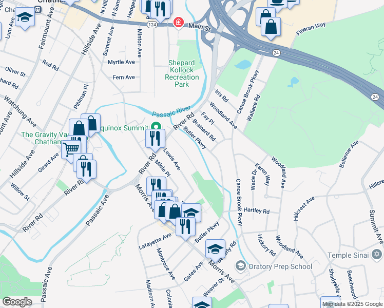 map of restaurants, bars, coffee shops, grocery stores, and more near 30 Greenfield Avenue in Summit