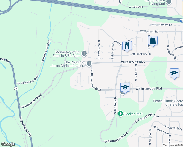 map of restaurants, bars, coffee shops, grocery stores, and more near 3558 West Richwoods Boulevard in Peoria