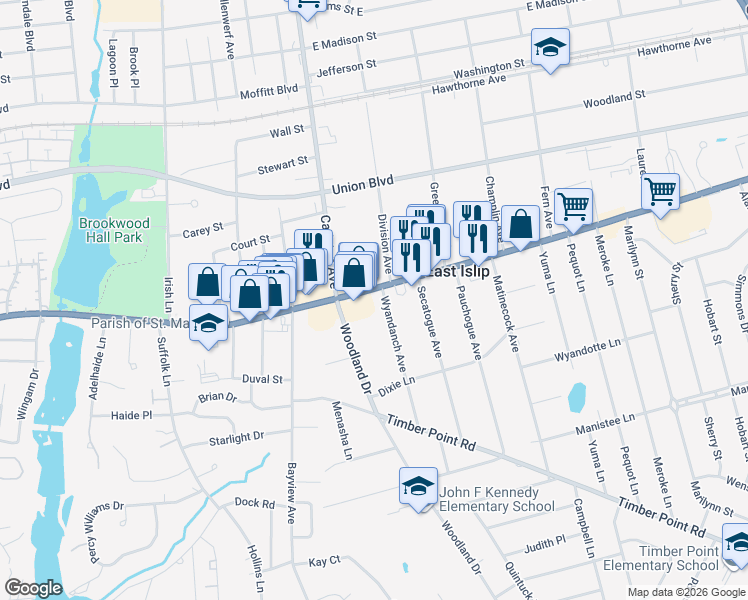 map of restaurants, bars, coffee shops, grocery stores, and more near 34 E Main St in East Islip