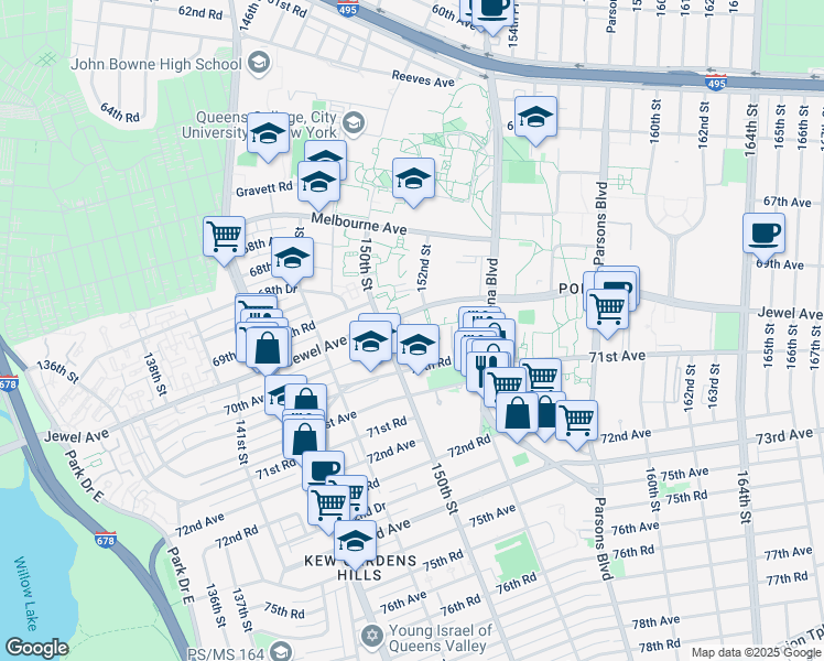 map of restaurants, bars, coffee shops, grocery stores, and more near 150-26 Jewel Avenue in Queens