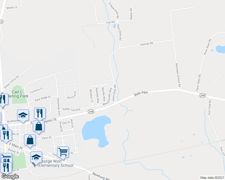 map of restaurants, bars, coffee shops, grocery stores, and more near 3532 Westminster Way in Nazareth