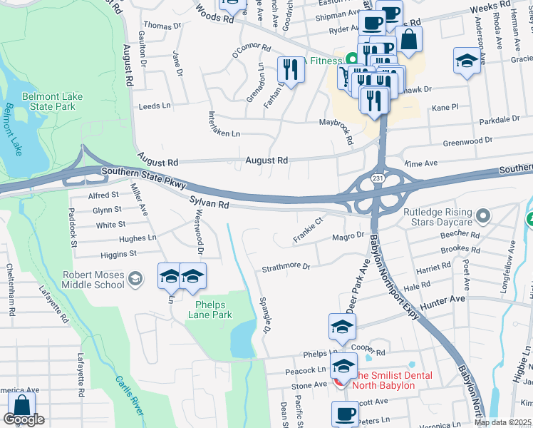 map of restaurants, bars, coffee shops, grocery stores, and more near 184 Sylvan Road in North Babylon