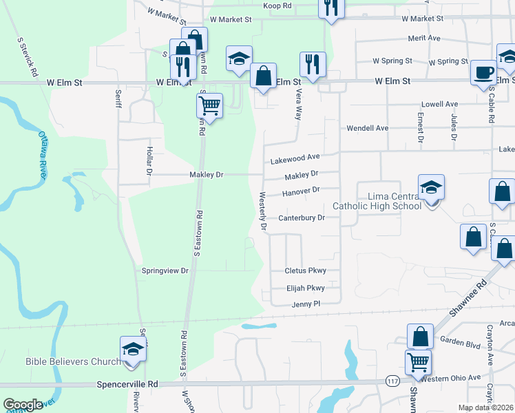map of restaurants, bars, coffee shops, grocery stores, and more near 836 Westerly Drive in Lima