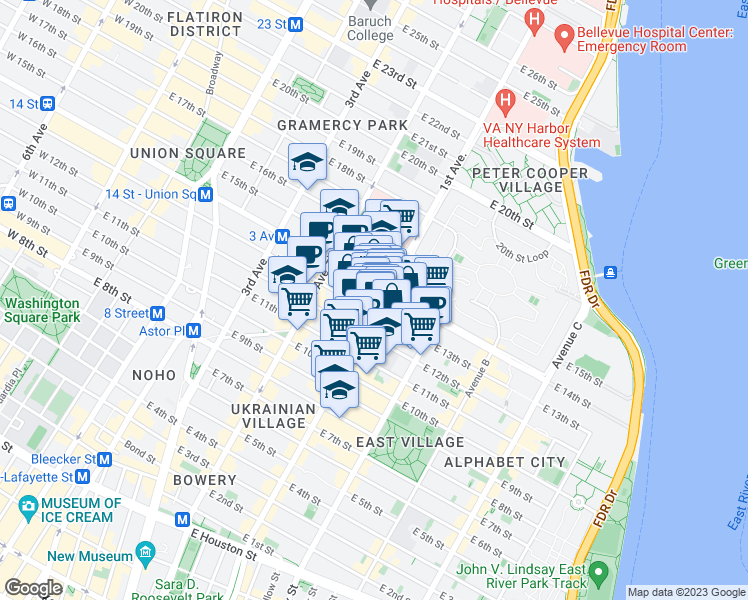 map of restaurants, bars, coffee shops, grocery stores, and more near 229 1st Avenue in New York