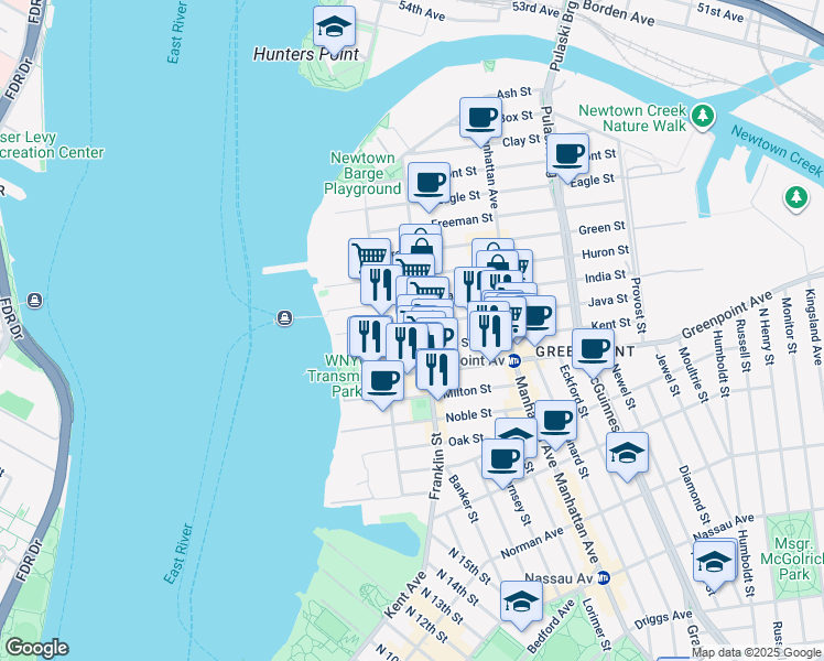 map of restaurants, bars, coffee shops, grocery stores, and more near 170 Franklin Street in Brooklyn