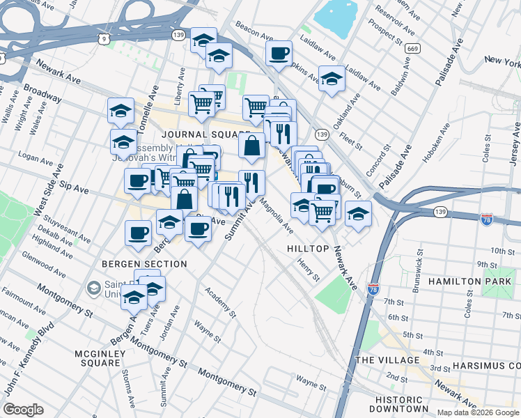 map of restaurants, bars, coffee shops, grocery stores, and more near 121 Magnolia Avenue in Jersey City