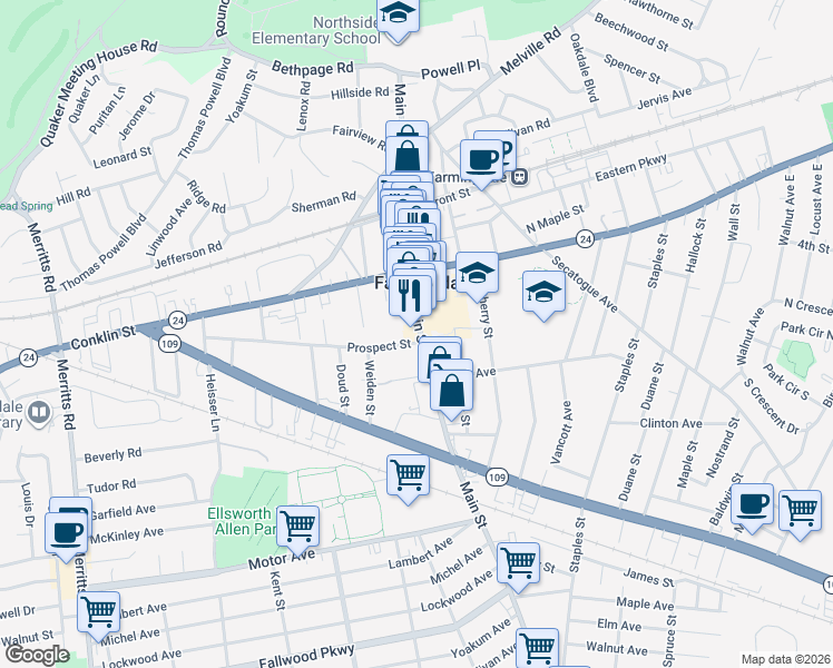 map of restaurants, bars, coffee shops, grocery stores, and more near 360 Main Street in Farmingdale