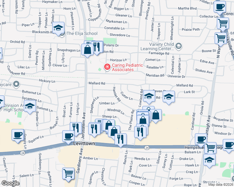 map of restaurants, bars, coffee shops, grocery stores, and more near 6 Shepherd Lane in Levittown