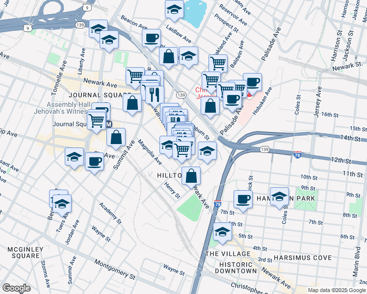 map of restaurants, bars, coffee shops, grocery stores, and more near in Jersey City