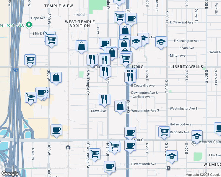 map of restaurants, bars, coffee shops, grocery stores, and more near 1799 South Main Street in South Salt Lake