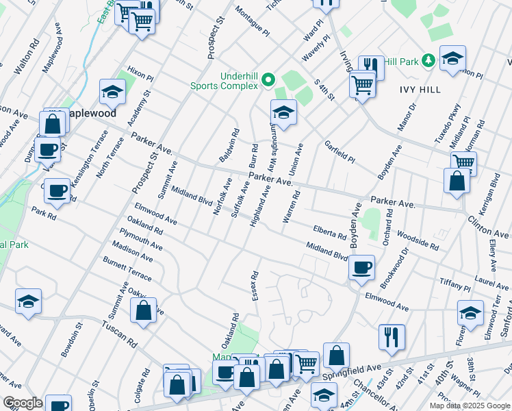 map of restaurants, bars, coffee shops, grocery stores, and more near 21 Highland Avenue in Maplewood