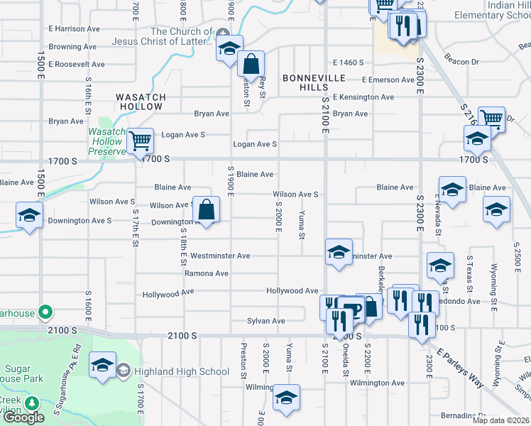 map of restaurants, bars, coffee shops, grocery stores, and more near 1965 Downington Avenue South in Salt Lake City