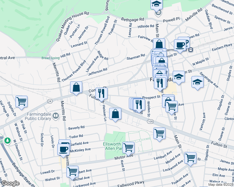 map of restaurants, bars, coffee shops, grocery stores, and more near 12 Laurelton Street in Farmingdale