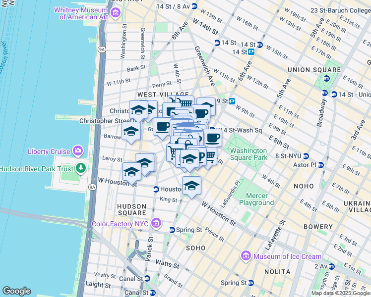 map of restaurants, bars, coffee shops, grocery stores, and more near 249 Bleecker Street in New York