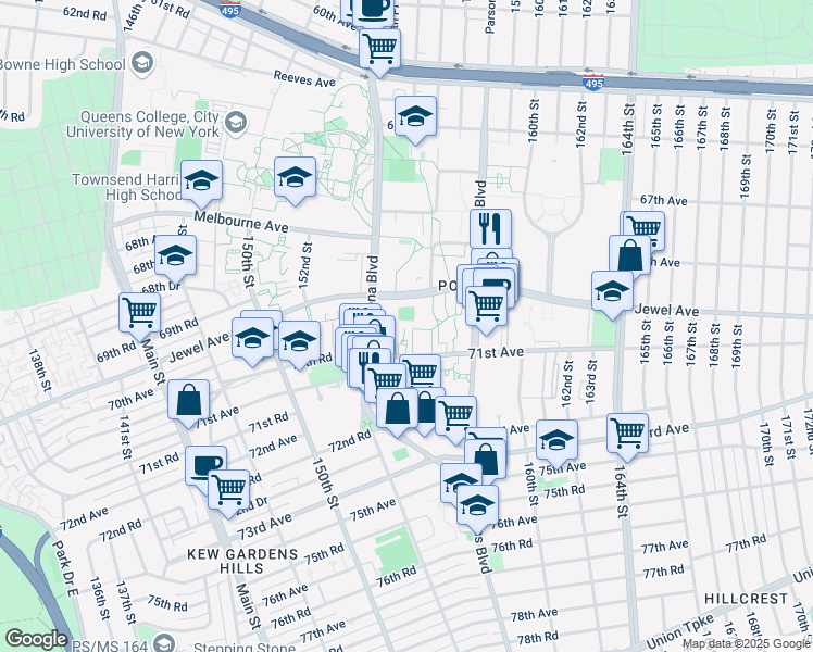map of restaurants, bars, coffee shops, grocery stores, and more near 155-9 71st Avenue in Queens
