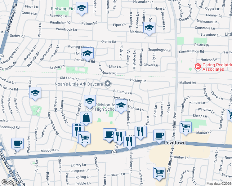 map of restaurants, bars, coffee shops, grocery stores, and more near 1 Locustwood Lane in Levittown