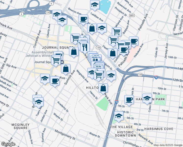 map of restaurants, bars, coffee shops, grocery stores, and more near 279 Baldwin Avenue in Jersey City