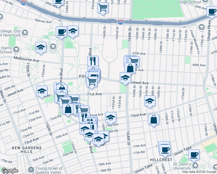 map of restaurants, bars, coffee shops, grocery stores, and more near 161-08 Jewel Avenue in Queens