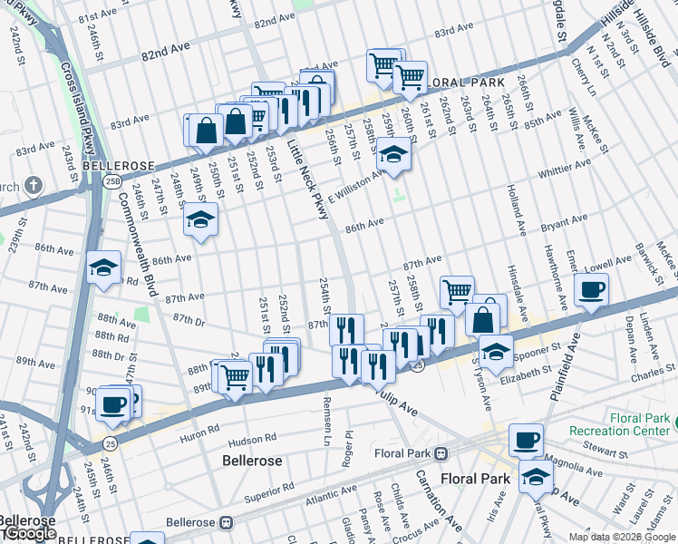 map of restaurants, bars, coffee shops, grocery stores, and more near 254-11 87th Avenue in Queens