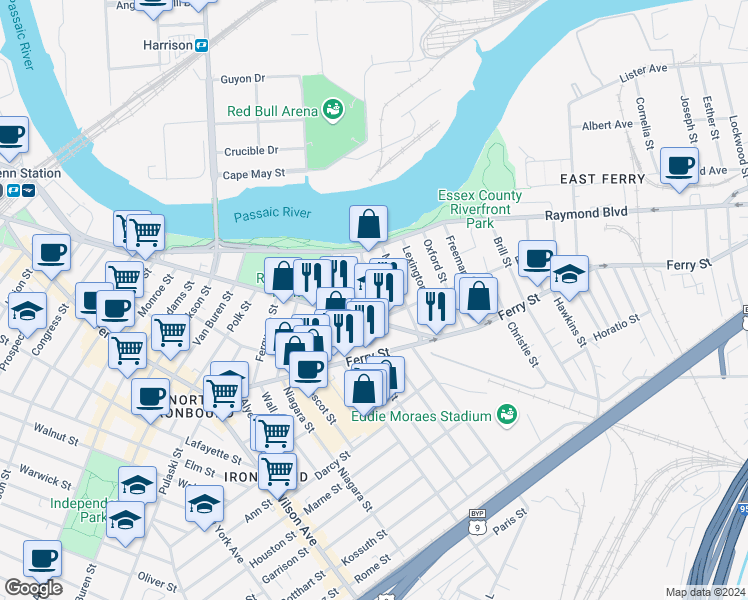 map of restaurants, bars, coffee shops, grocery stores, and more near 52 Providence Street in Newark