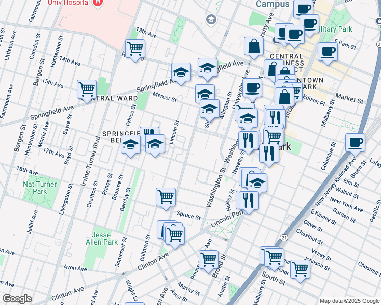 map of restaurants, bars, coffee shops, grocery stores, and more near 116 Baldwin Street in Newark