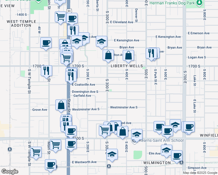 map of restaurants, bars, coffee shops, grocery stores, and more near 1797 South 300 East in Salt Lake City