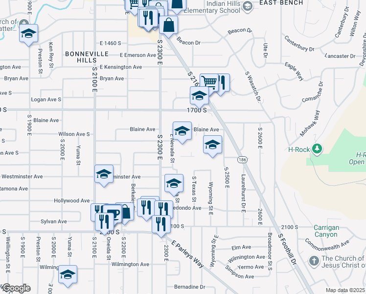 map of restaurants, bars, coffee shops, grocery stores, and more near 1825 East Nevada Street in Salt Lake City