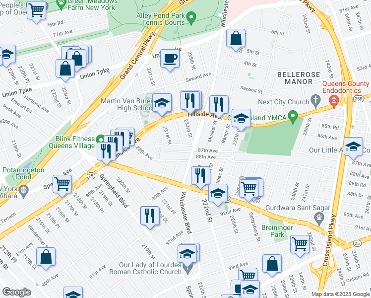 map of restaurants, bars, coffee shops, grocery stores, and more near 232-12 87th Avenue in Queens