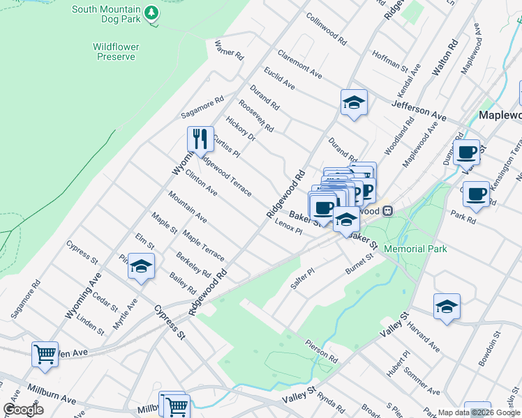 map of restaurants, bars, coffee shops, grocery stores, and more near 4 Ridgewood Terrace in Maplewood