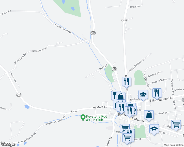 map of restaurants, bars, coffee shops, grocery stores, and more near Century Dr & Creek Rd in Bath