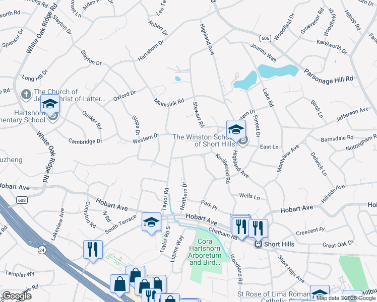 map of restaurants, bars, coffee shops, grocery stores, and more near 106 Knollwood Road in Essex County