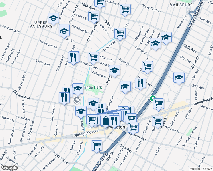 map of restaurants, bars, coffee shops, grocery stores, and more near Orange Avenue & Rich Street in Irvington