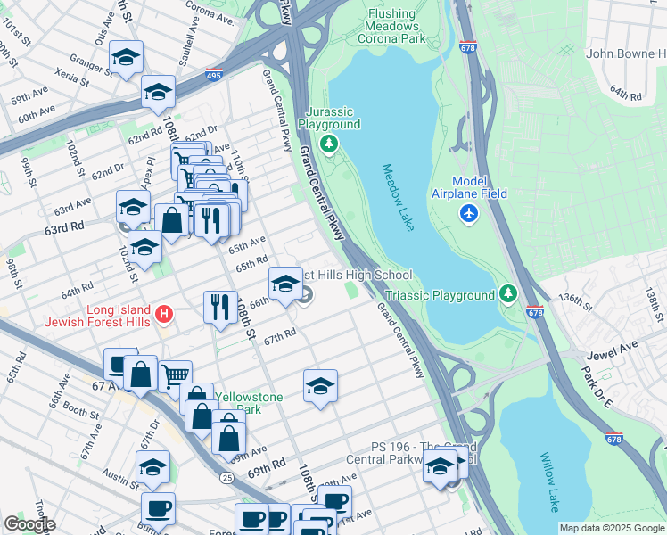 map of restaurants, bars, coffee shops, grocery stores, and more near 66-14 Grand Central Parkway in Queens