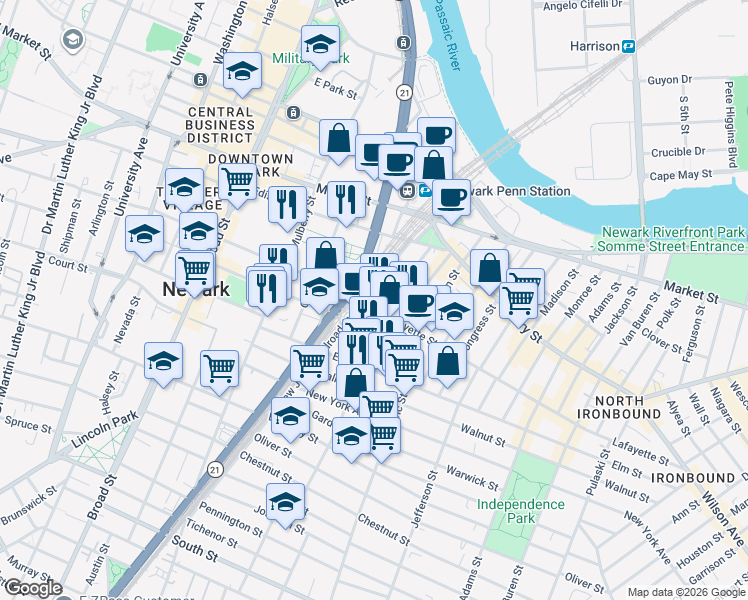 map of restaurants, bars, coffee shops, grocery stores, and more near 76 New Jersey Railroad Avenue in Newark